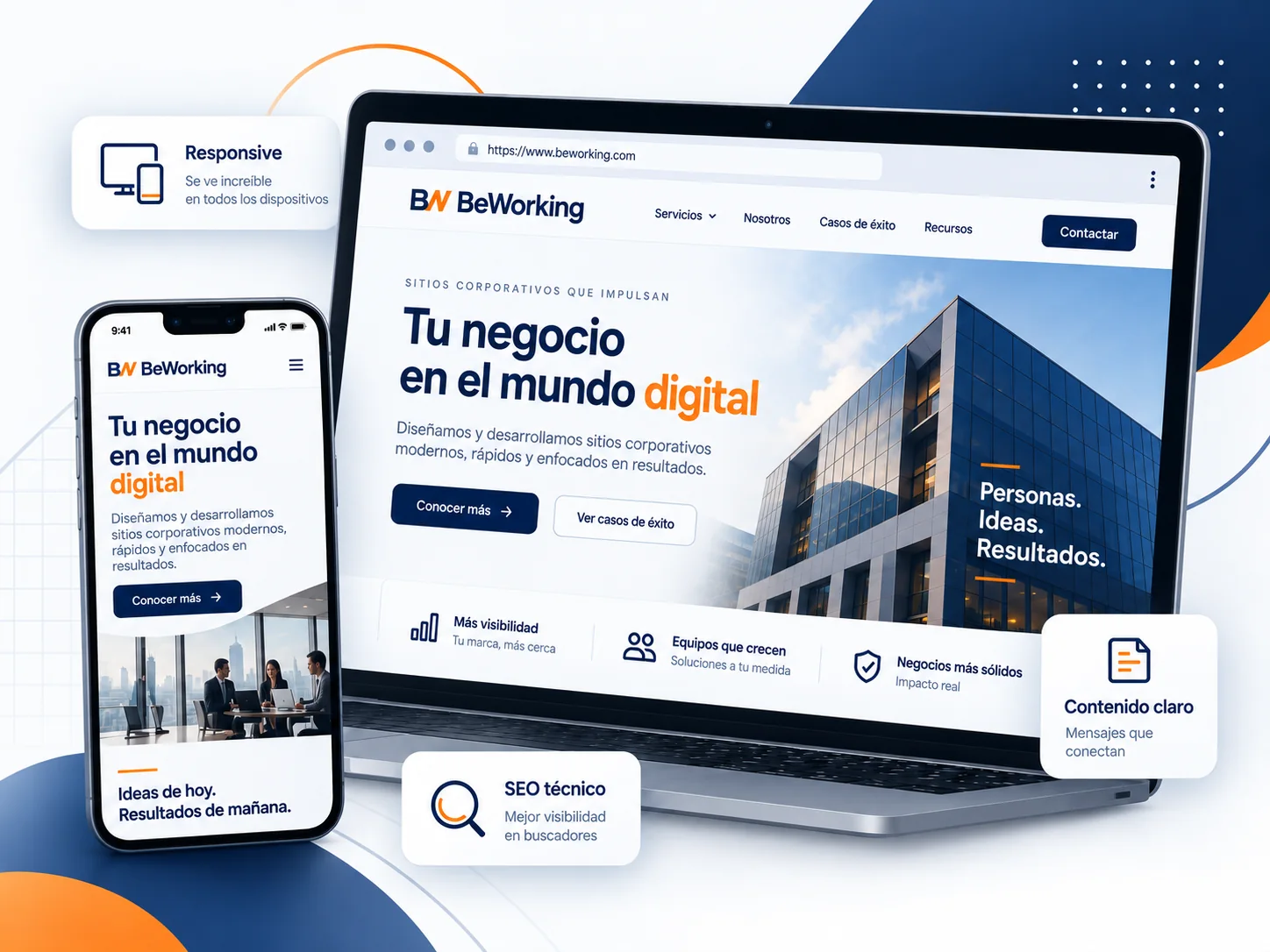 Ejemplo de sitio web corporativo responsive desarrollado por BEWORKING