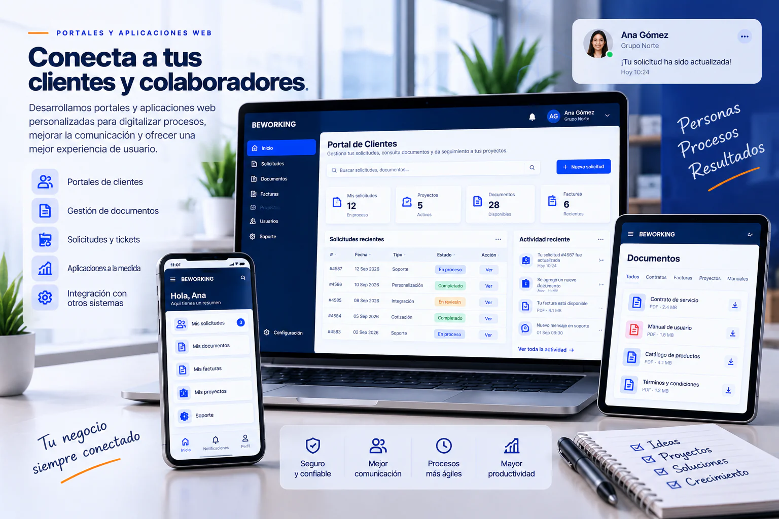 Portal de clientes BEWORKING con solicitudes, documentos, proyectos, facturas y aplicaciones web